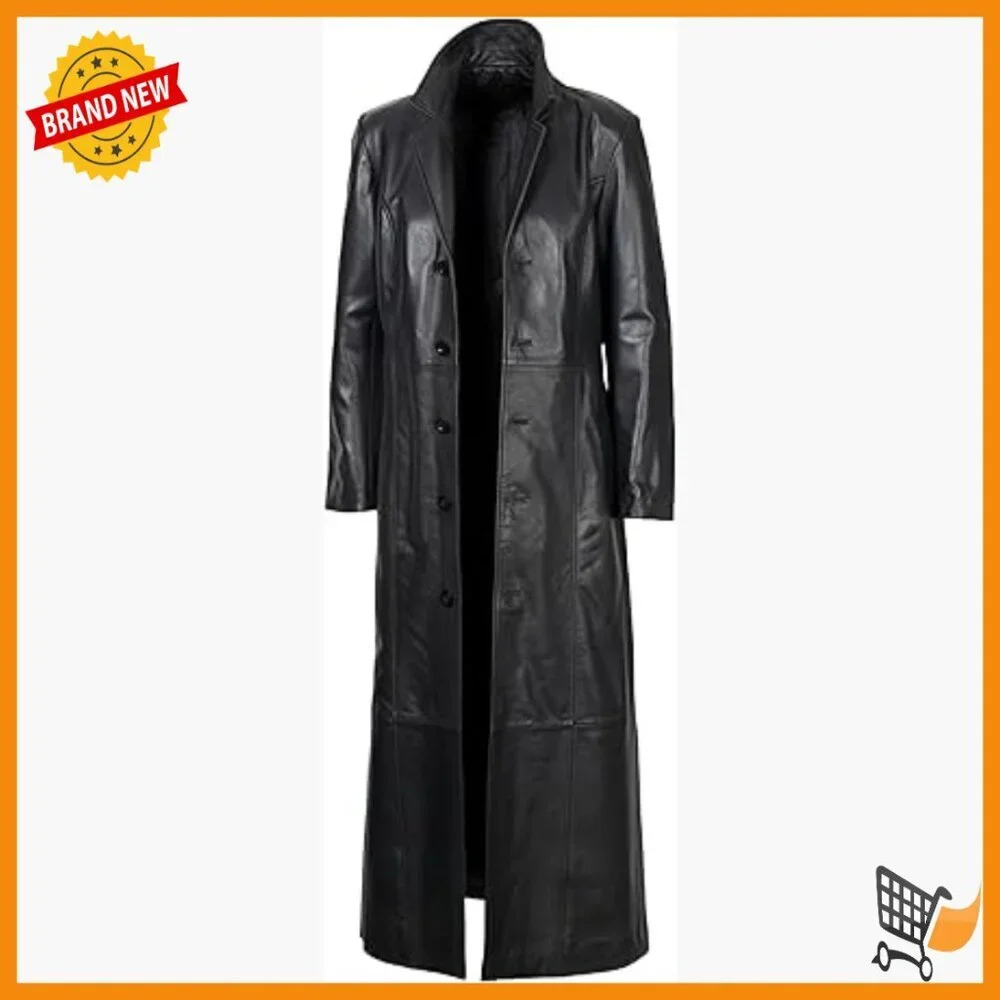XL Lambskin Leather Trench Coat Long Duster Overcoat Mens Winter Outwear
